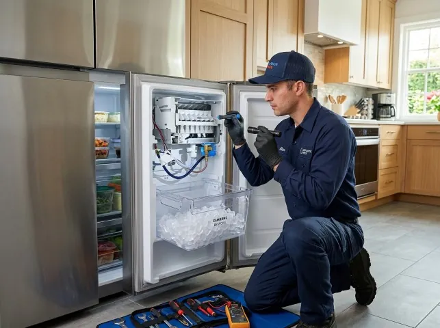 Appliance Repair Hero technician repairing a refrigerator ice maker in Baldwinsville, NY