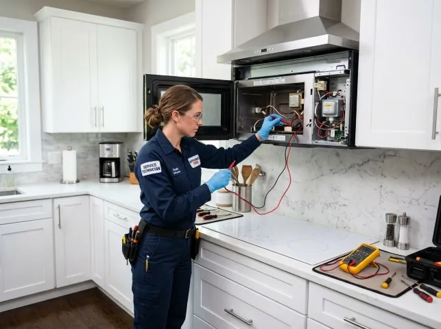 Appliance Repair Hero technician testing an over-the-range microwave in a Baldwinsville, NY kitchen